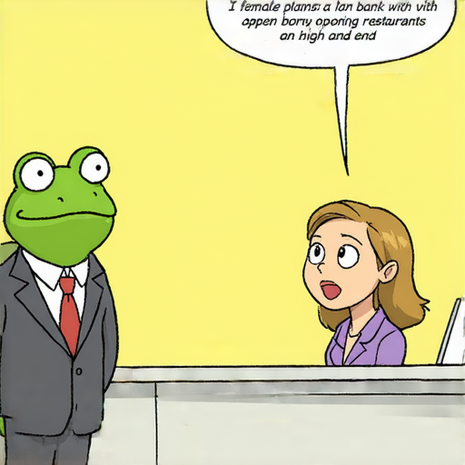 有一天，一隻青蛙走進了銀行，走到櫃檯前，對櫃檯小姐說：「我想借一筆錢！」

櫃檯小姐驚訝地問：「你是一隻青蛙，為什麼要借錢？」

青蛙回答：「因為我想開一家高級餐廳！」

櫃檯小姐半信半疑，於是問：「